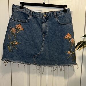 Denim&Co Blue Denim Mini Skirt with Orange Floral Embroidery